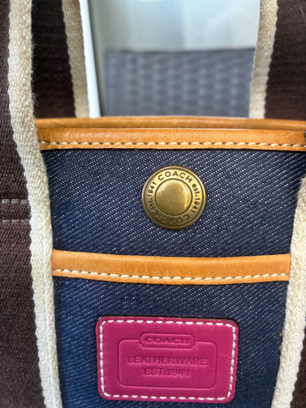 Coach Navy Denim Tote with Brown Straps and Pink Trim - Picture 14 of 16